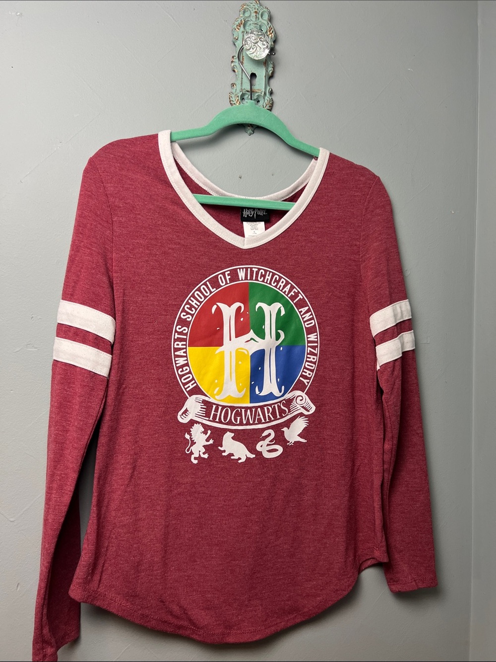 Harry Potter Hogwarts Long-Sleeve V-Neck Ringer Tee in Maroon